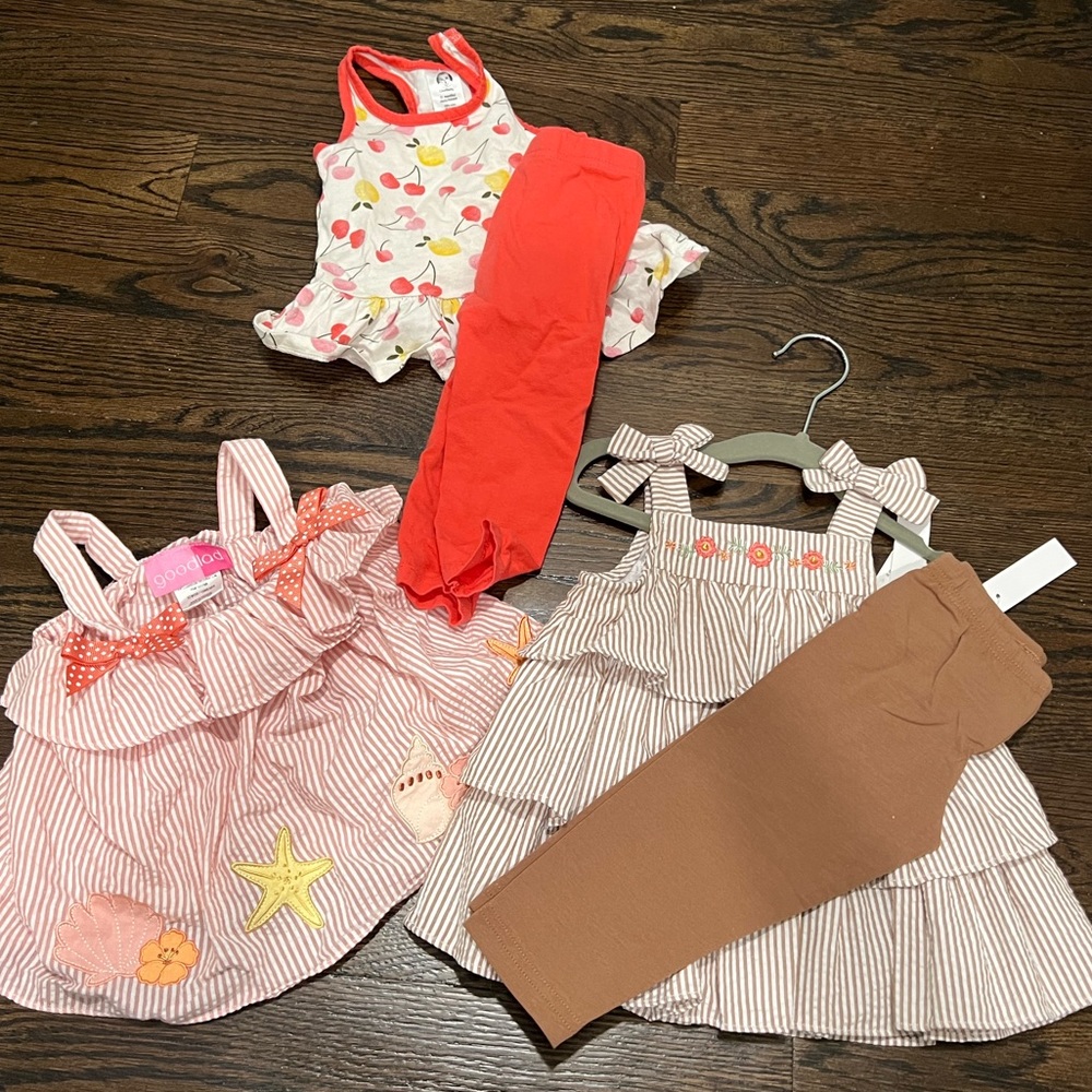 Set of three spring summer baby girl outfits size 12 months.